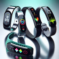Four smartwatches with different colored bands on a gradient background