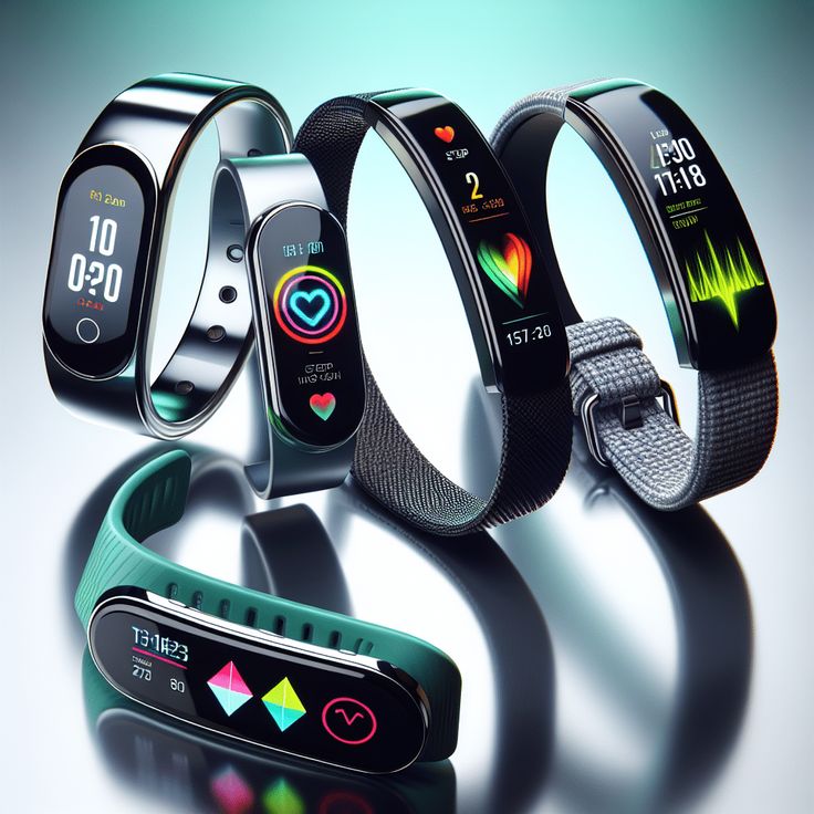 Four smartwatches with different colored bands on a gradient background