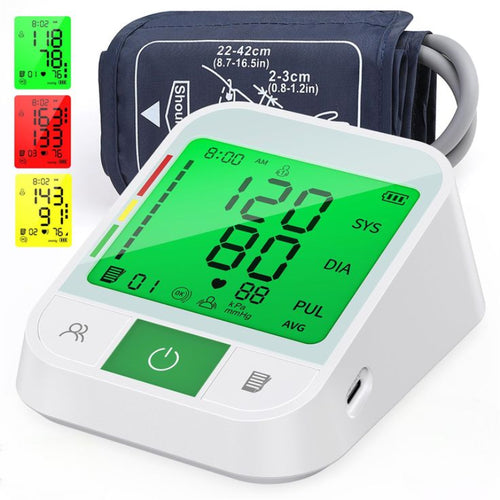 Digital blood pressure monitor with a blue arm cuff in the background