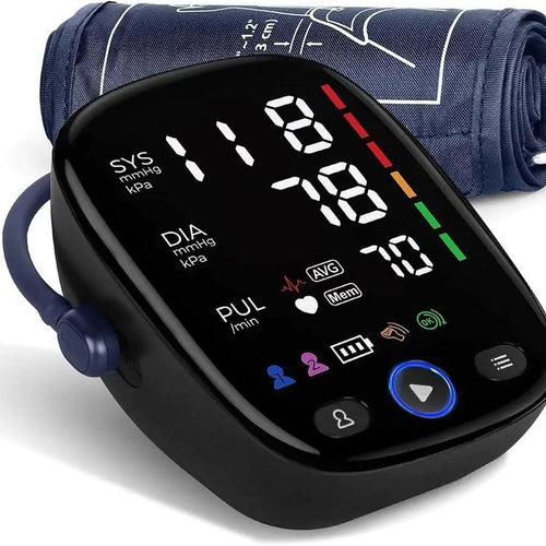 Digital blood pressure monitor with a blue arm cuff in the background