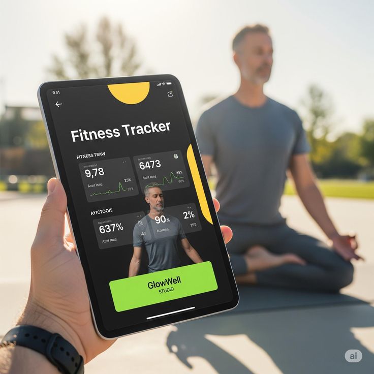 Person holding a smartphone displaying a fitness tracker app with a blurred person in the background.