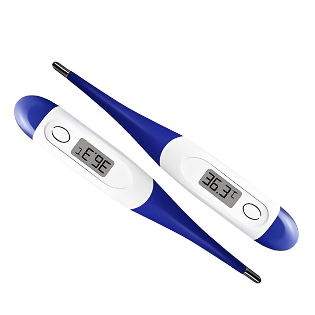 Two digital thermometers with blue and white design on a white background