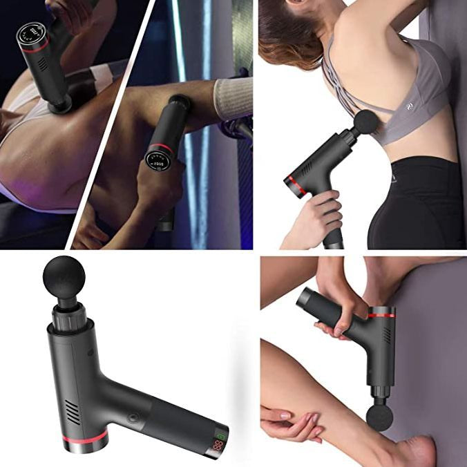 Massage gun being used on various parts of the body with close-up shots.